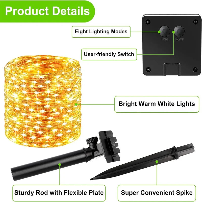 Fairy Lights Solar Garden Lights String Lights with 8 Modes Waterproof Wire Lights for Patio Yard Trees Christmas Party
