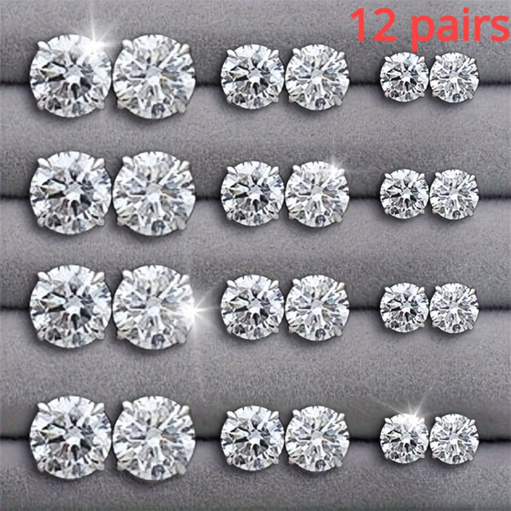 12 Pairs Set Stainless Steel Stud Earrings with Gemstone Buds Round Earrings Unisex Fashion Jewelry Gifts