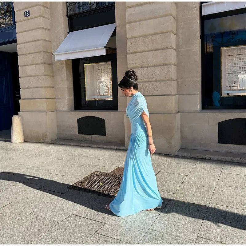 Irregular Shawl Blue Maxi Dress Women's Fashion Turtleneck Slim Fit Pleated Vestidos 2025 New Lady Evening Party Robes Summer
