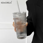 600ML Stripe Glass Coffee Cup With Lid and Without Cover Straw Transparent Drinking Glasses for Juice Iced Coffee Mugs Drinkware