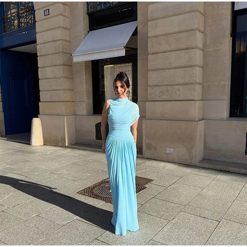 Irregular Shawl Blue Maxi Dress Women's Fashion Turtleneck Slim Fit Pleated Vestidos 2025 New Lady Evening Party Robes Summer