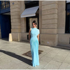 Irregular Shawl Blue Maxi Dress Women's Fashion Turtleneck Slim Fit Pleated Vestidos 2025 New Lady Evening Party Robes Summer