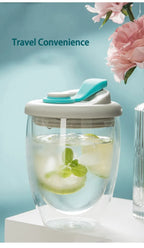 Cute Portable Water Cup Double Wall Glass Cup With Leak-Proof LidTransparent Insulated Coffee Cups Milk Tea Juice Mug Dinkware