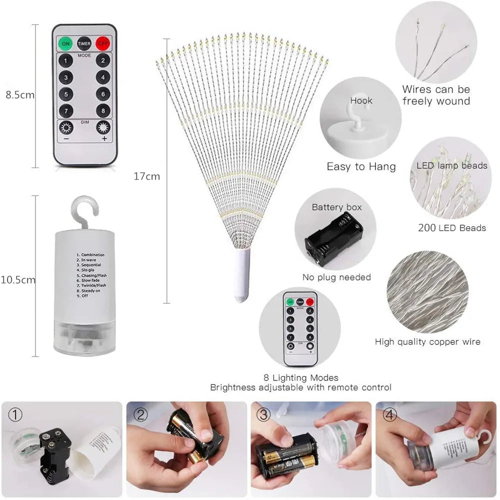 200 LED String Fairy Lights Hanging Starburst Lamp DIY Firework Christmas Garland Festival Decoration Remote Twinkle Lights