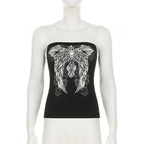 Gothic Print Black Strapless Tube Top Women Skinny Cropped Summer Casual Chic Graphic Tee Y2K Streetwear Basic Vest