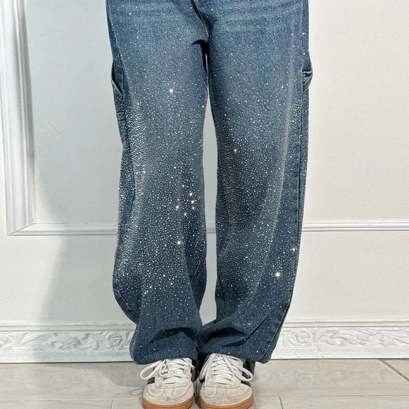 Chic Rhinestone Women's Jeans Y2k Street Oversize Loose Shining Female Wide Leg Pants 2025 Spring Summer Lady Denim Trousers