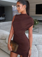 Irregular Shawl Blue Maxi Dress Women's Fashion Turtleneck Slim Fit Pleated Vestidos 2025 New Lady Evening Party Robes Summer