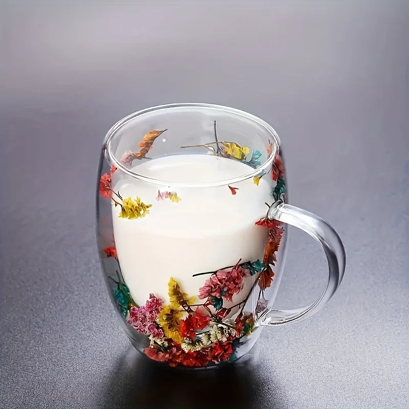 Double Wall Clear Glass Coffee Mugs Creative Clear Glass Cups with Handle Flowers Double Insulated Glass Cup Hot Cold Home Gift