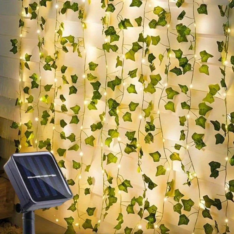 50/100LED Green Fairy Lights with Solar-Powered Artificial Ivy Leaves Featuring 8 Modes for Garden Wedding Christmas Decoration