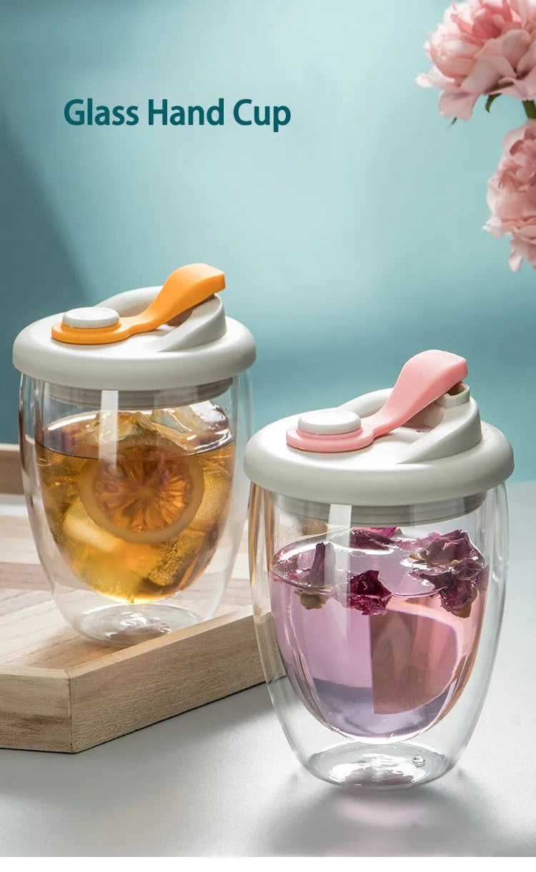 Cute Portable Water Cup Double Wall Glass Cup With Leak-Proof LidTransparent Insulated Coffee Cups Milk Tea Juice Mug Dinkware