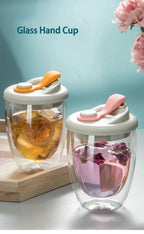 Cute Portable Water Cup Double Wall Glass Cup With Leak-Proof LidTransparent Insulated Coffee Cups Milk Tea Juice Mug Dinkware