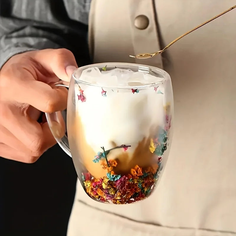 Double Wall Clear Glass Coffee Mugs Creative Clear Glass Cups with Handle Flowers Double Insulated Glass Cup Hot Cold Home Gift