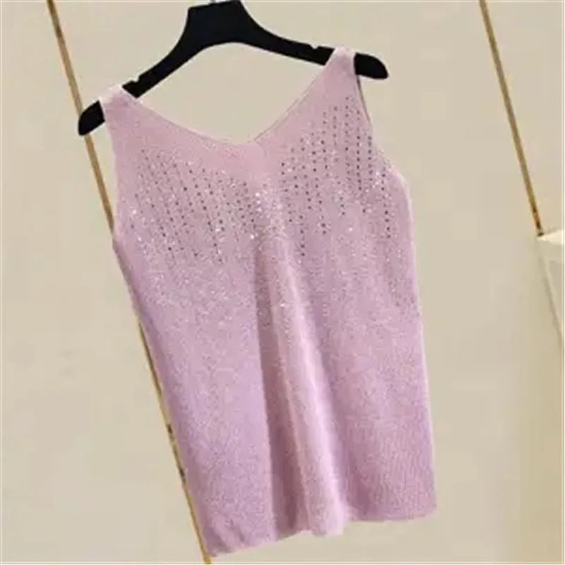 Rhinestones Tank Top Elegant Sleeveless Shiny Loose Knit Camis Corset Summer Women's Tube Top Aesthetic Clothing Korean