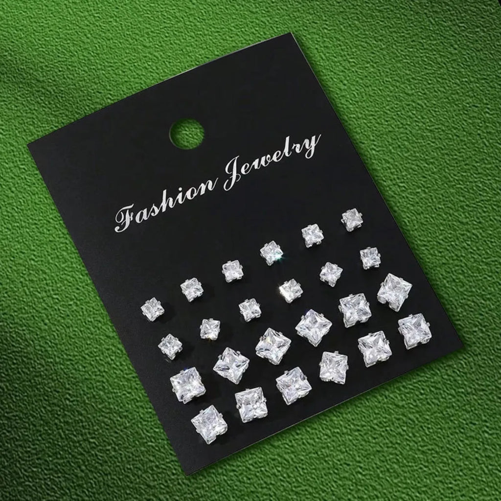 12 Pairs Set Stainless Steel Stud Earrings with Gemstone Buds Round Earrings Unisex Fashion Jewelry Gifts