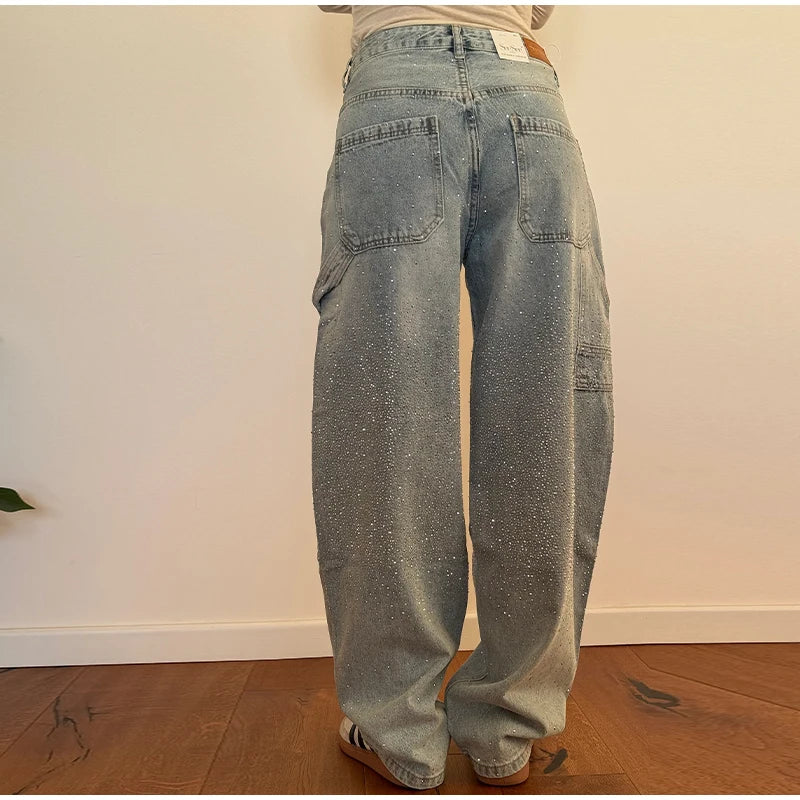 Chic Rhinestone Women's Jeans Y2k Street Oversize Loose Shining Female Wide Leg Pants 2025 Spring Summer Lady Denim Trousers