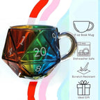 Transparent Glass Rainbow D20 Dice Mug with Handle Fantasy Themed Polyhedral Dice Coffee Cup Game Mug for RPG Lovers