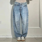 Chic Rhinestone Women's Jeans Y2k Street Oversize Loose Shining Female Wide Leg Pants 2025 Spring Summer Lady Denim Trousers