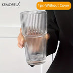 600ML Stripe Glass Coffee Cup With Lid and Without Cover Straw Transparent Drinking Glasses for Juice Iced Coffee Mugs Drinkware