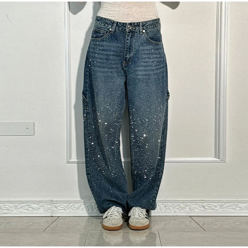 Chic Rhinestone Women's Jeans Y2k Street Oversize Loose Shining Female Wide Leg Pants 2025 Spring Summer Lady Denim Trousers