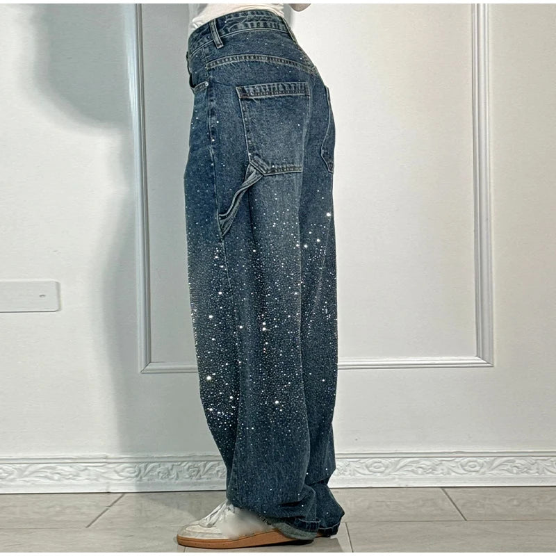 Chic Rhinestone Women's Jeans Y2k Street Oversize Loose Shining Female Wide Leg Pants 2025 Spring Summer Lady Denim Trousers
