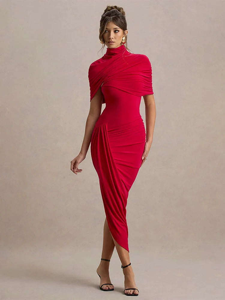 Irregular Shawl Blue Maxi Dress Women's Fashion Turtleneck Slim Fit Pleated Vestidos 2025 New Lady Evening Party Robes Summer