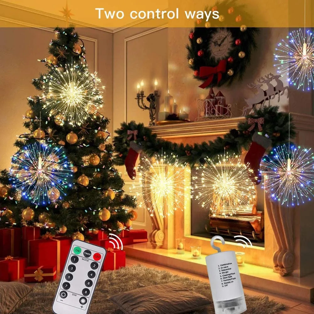 200 LED String Fairy Lights Hanging Starburst Lamp DIY Firework Christmas Garland Festival Decoration Remote Twinkle Lights