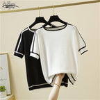 Camisetas Thin Knitted T Shirt Women Short Sleeve Summer Tops Casual Clothes Striped Fashion T-Shirt Tee Shirt Blusas 18841
