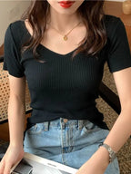 AOSSVIAO 2026 Basic V-neck Solid Thin Summer Pullover Women Female Knitted Ribbed Sweater Slim Short Sleeve Bodycon Sweater