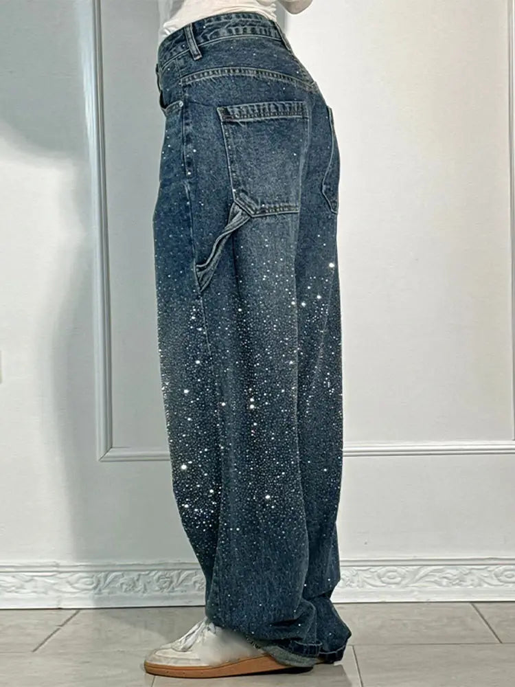 Chic Rhinestone Women's Jeans Y2k Street Oversize Loose Shining Female Wide Leg Pants 2025 Spring Summer Lady Denim Trousers