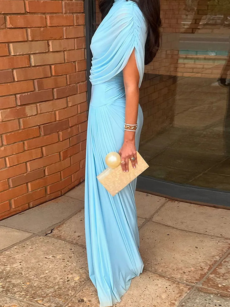 Irregular Shawl Blue Maxi Dress Women's Fashion Turtleneck Slim Fit Pleated Vestidos 2025 New Lady Evening Party Robes Summer