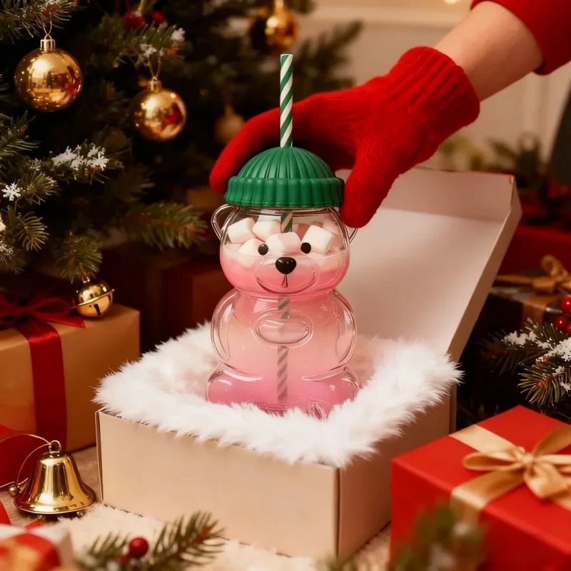 New 500ML Cartoon Bear shaped Coffee Cup Cute Bear Cup Straw Transparent Creative Milk Coffee Water Cup
