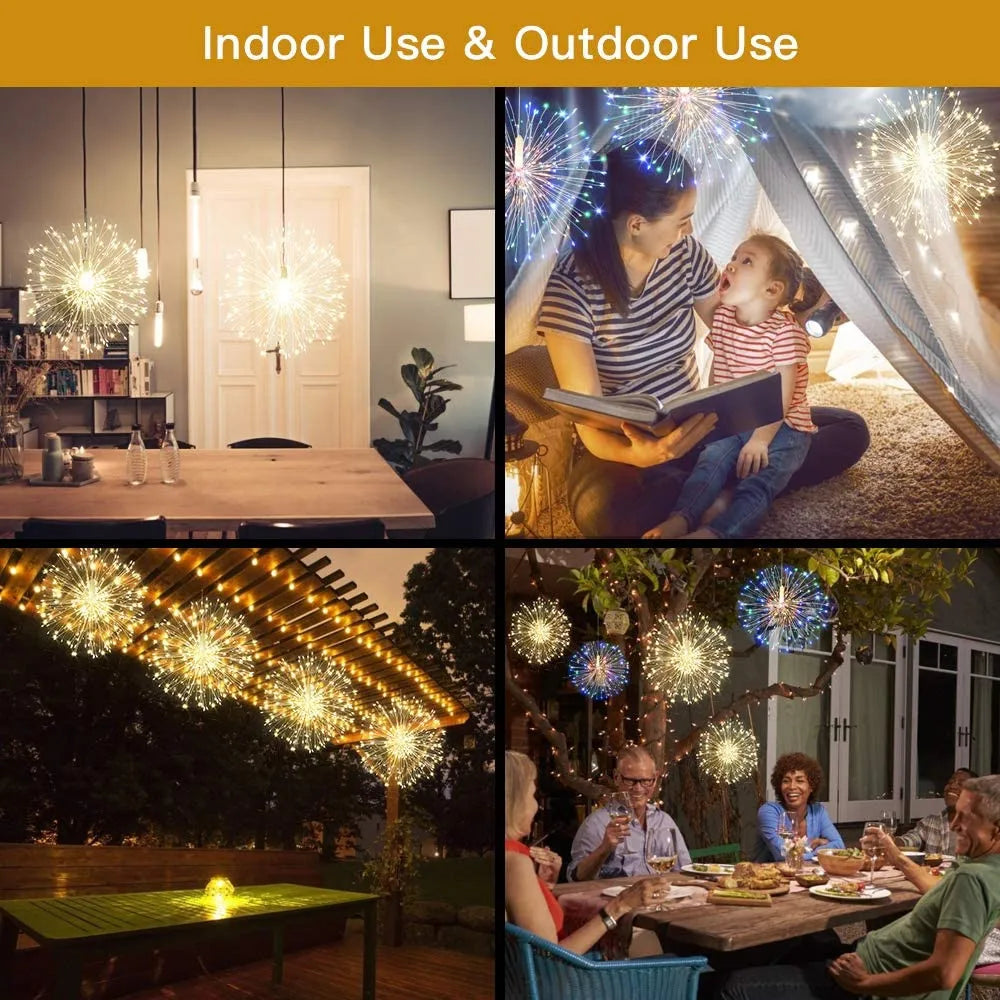200 LED String Fairy Lights Hanging Starburst Lamp DIY Firework Christmas Garland Festival Decoration Remote Twinkle Lights