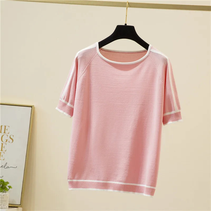 Camisetas Thin Knitted T Shirt Women Short Sleeve Summer Tops Casual Clothes Striped Fashion T-Shirt Tee Shirt Blusas 18841