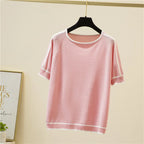 Camisetas Thin Knitted T Shirt Women Short Sleeve Summer Tops Casual Clothes Striped Fashion T-Shirt Tee Shirt Blusas 18841