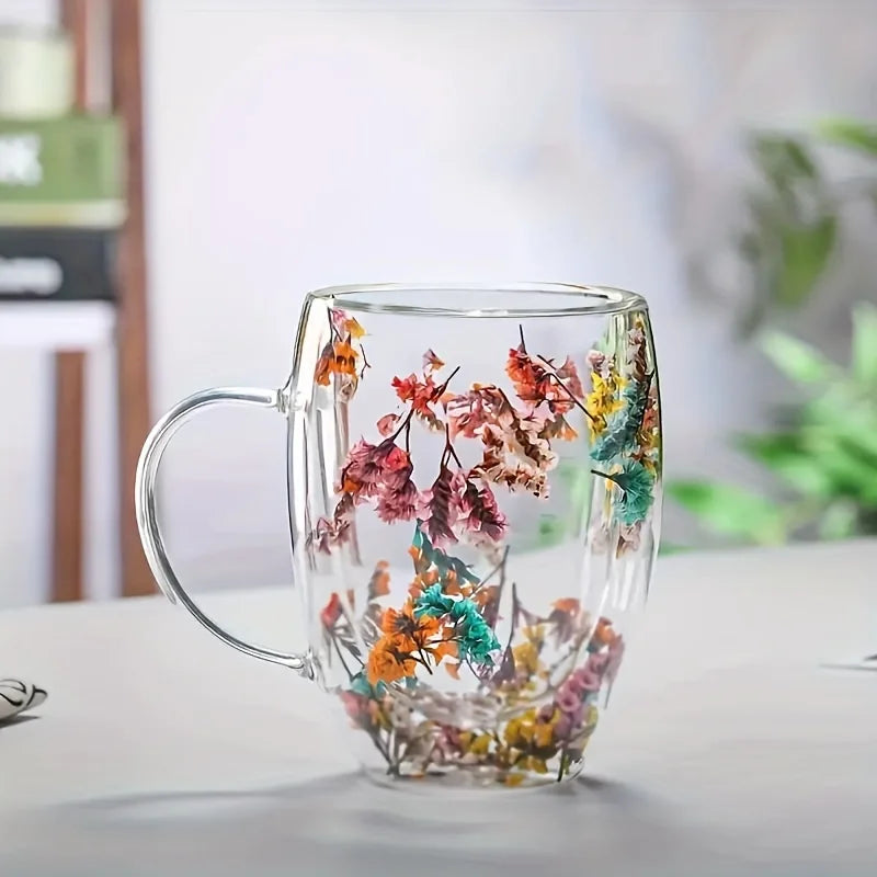 Double Wall Clear Glass Coffee Mugs Creative Clear Glass Cups with Handle Flowers Double Insulated Glass Cup Hot Cold Home Gift