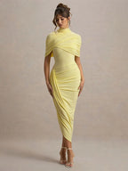 Irregular Shawl Blue Maxi Dress Women's Fashion Turtleneck Slim Fit Pleated Vestidos 2025 New Lady Evening Party Robes Summer