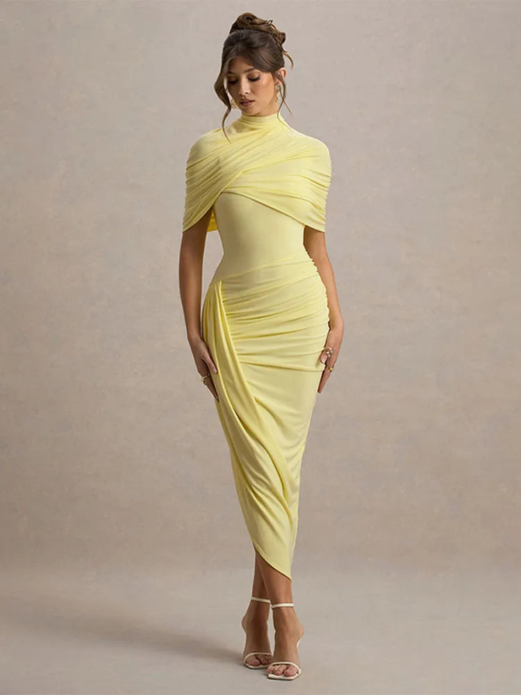 Irregular Shawl Blue Maxi Dress Women's Fashion Turtleneck Slim Fit Pleated Vestidos 2025 New Lady Evening Party Robes Summer