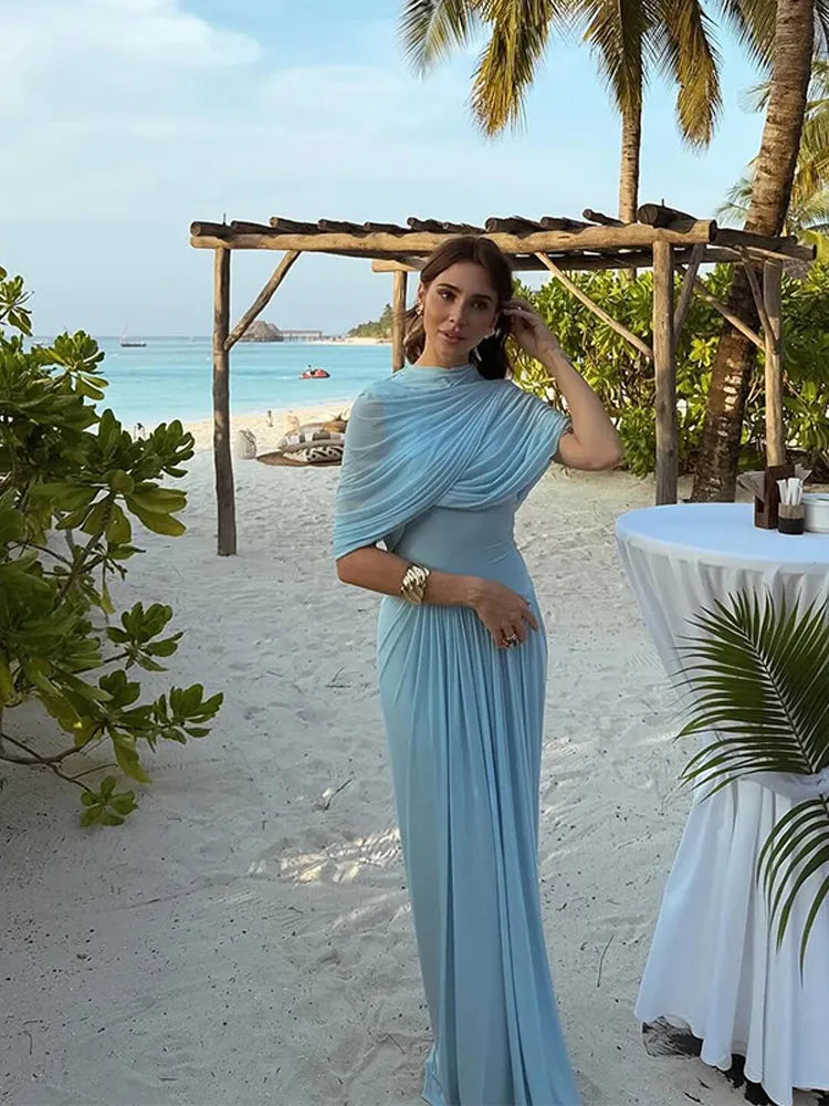 Irregular Shawl Blue Maxi Dress Women's Fashion Turtleneck Slim Fit Pleated Vestidos 2025 New Lady Evening Party Robes Summer
