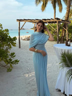 Irregular Shawl Blue Maxi Dress Women's Fashion Turtleneck Slim Fit Pleated Vestidos 2025 New Lady Evening Party Robes Summer