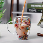Double Wall Clear Glass Coffee Mugs Creative Clear Glass Cups with Handle Flowers Double Insulated Glass Cup Hot Cold Home Gift