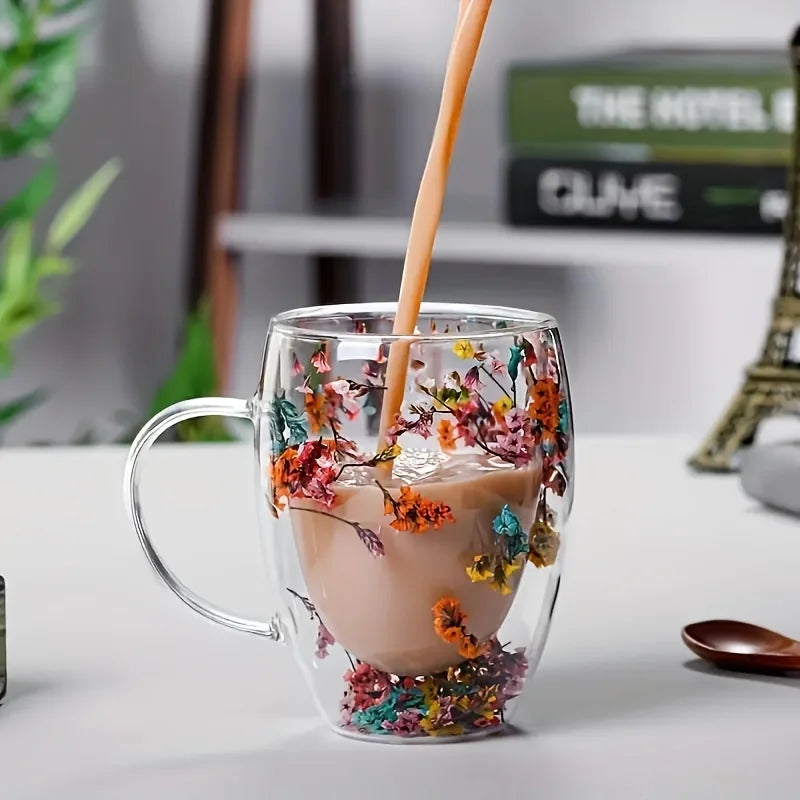 Double Wall Clear Glass Coffee Mugs Creative Clear Glass Cups with Handle Flowers Double Insulated Glass Cup Hot Cold Home Gift