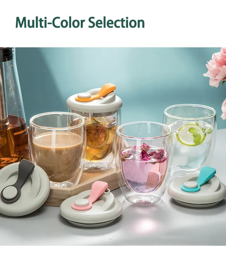 Cute Portable Water Cup Double Wall Glass Cup With Leak-Proof LidTransparent Insulated Coffee Cups Milk Tea Juice Mug Dinkware