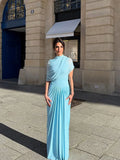 Irregular Shawl Blue Maxi Dress Women's Fashion Turtleneck Slim Fit Pleated Vestidos 2025 New Lady Evening Party Robes Summer