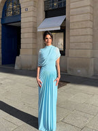 Irregular Shawl Blue Maxi Dress Women's Fashion Turtleneck Slim Fit Pleated Vestidos 2025 New Lady Evening Party Robes Summer