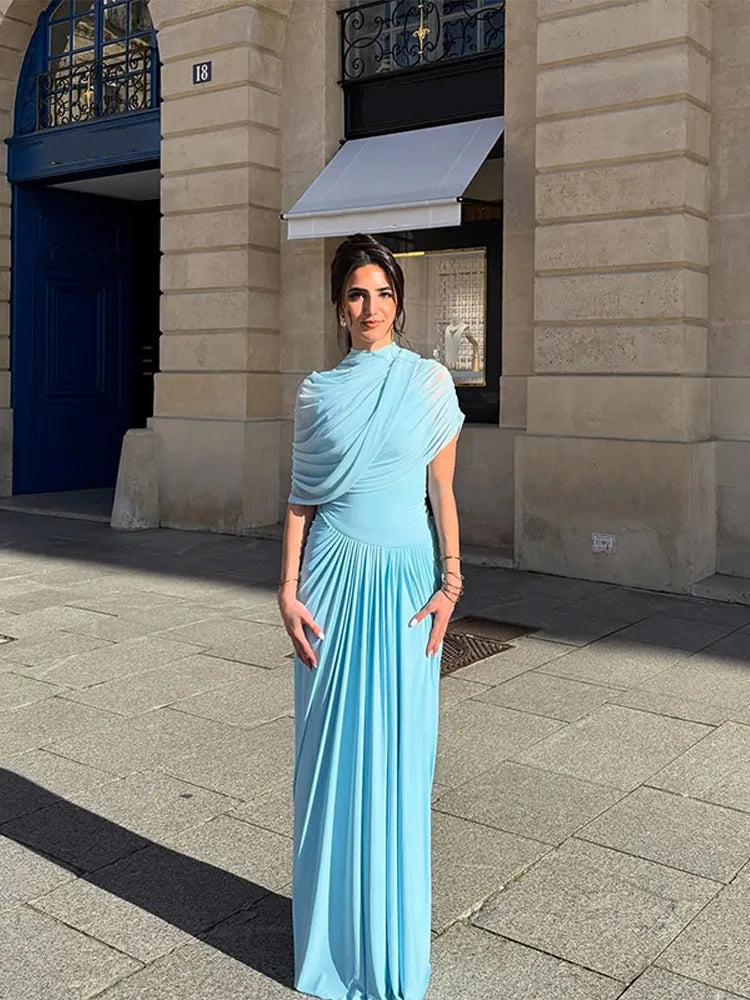 Irregular Shawl Blue Maxi Dress Women's Fashion Turtleneck Slim Fit Pleated Vestidos 2025 New Lady Evening Party Robes Summer