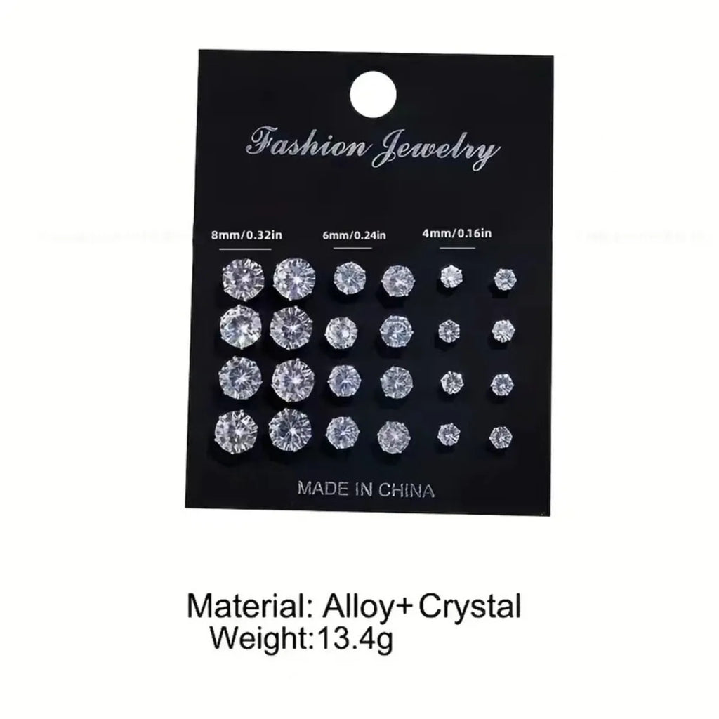 12 Pairs Set Stainless Steel Stud Earrings with Gemstone Buds Round Earrings Unisex Fashion Jewelry Gifts