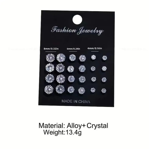 12 Pairs Set Stainless Steel Stud Earrings with Gemstone Buds Round Earrings Unisex Fashion Jewelry Gifts