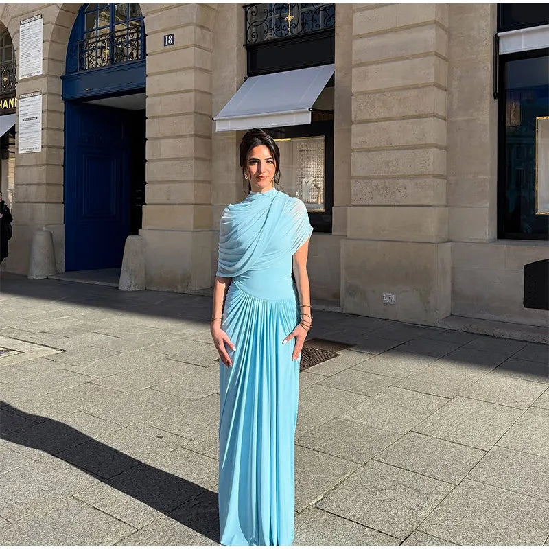 Irregular Shawl Blue Maxi Dress Women's Fashion Turtleneck Slim Fit Pleated Vestidos 2025 New Lady Evening Party Robes Summer