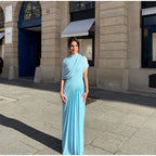 Irregular Shawl Blue Maxi Dress Women's Fashion Turtleneck Slim Fit Pleated Vestidos 2025 New Lady Evening Party Robes Summer