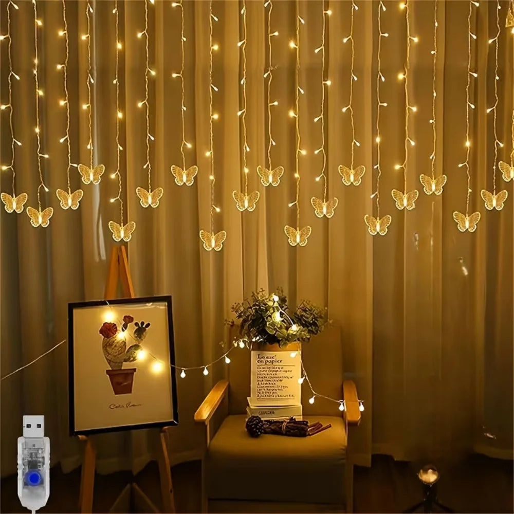 Butterfly Shape LED Curtain Fairy String Lights USB Powered With 8 Flashing Modes Perfect For Wedding, Party & Holiday Decor